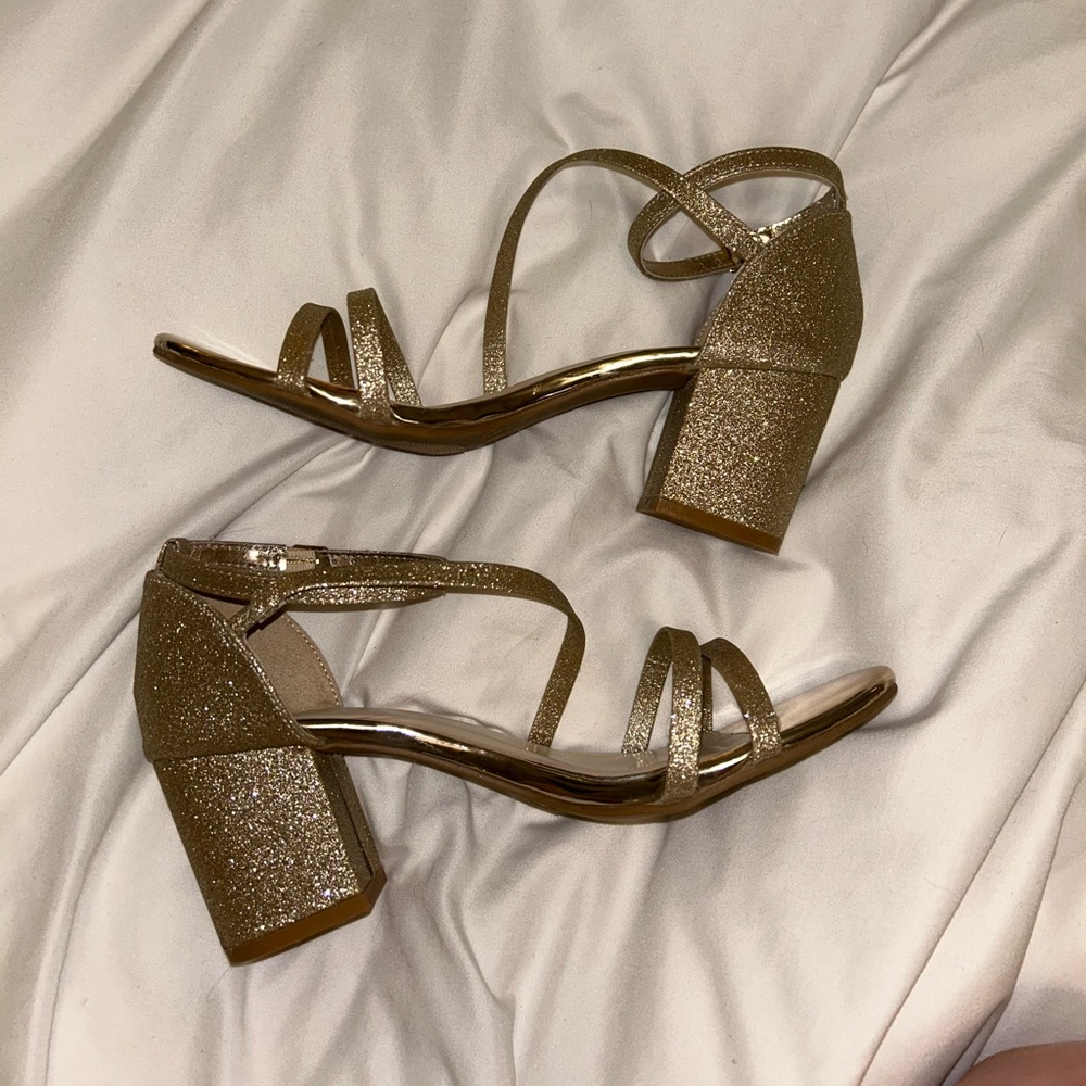 Shimmering Gold Glitter Block Heel Sandals